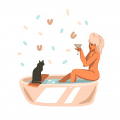 Handgezeichnete Vektor abstrakt Stock grafische Illustration mit jungen glücklichen weiblichen Mädchen nimmt ein Bad mit einem Handtuch auf dem Kopf und trinkt einen Cocktail zu Hause mit schwarzer Katze isoliert auf weißem Hintergrund