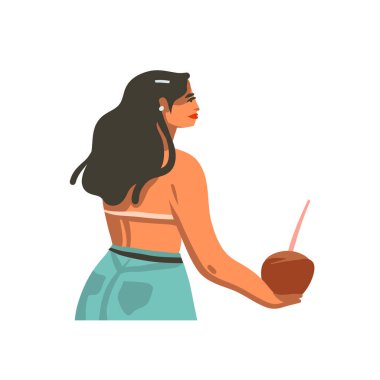 El çizimi vektör soyut stok grafik yaz zaman çizimi genç gülümseyen kadın, beyaz arka planda izole hindistan cevizi kokteyli tutarak