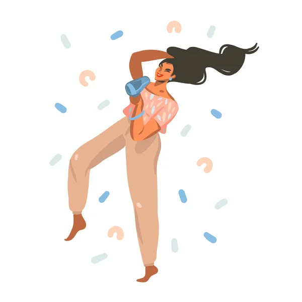Ручная рисованная векторная графическая иллюстрация с молодой счастливой женщиной сушит волосы феном и танцует дома и абстрактные конфетти изолированы на белом фоне — стоковый вектор