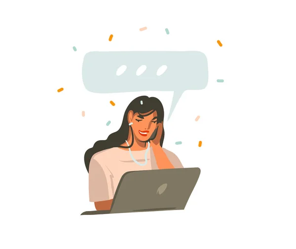 Illustrazione grafica astratta vettoriale disegnata a mano con giovane donna sorridente che lavora su computer portatile, parlando su telefono e bolla vocale isolata su sfondo bianco — Vettoriale Stock