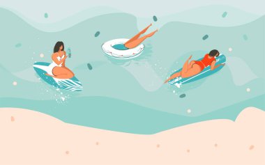 Bir kız ve kauçuk halkalar, okyanustaki sörfçüler ve renkli arkaplanda izole edilmiş tipografiniz için Boşluğu Kopyala