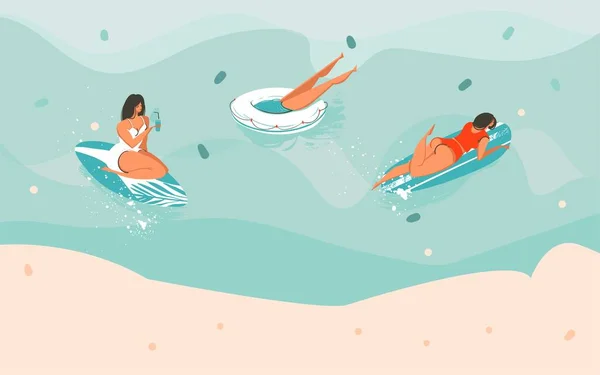 Bir kız ve kauçuk halkalar, okyanustaki sörfçüler ve renkli arkaplanda izole edilmiş tipografiniz için Boşluğu Kopyala — Stok Vektör