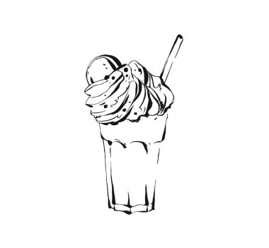 El çizimi, soyut sanatsal mürekkep çizimi, milkshake kokteyli çizimi ve krem şanti beyaz arka planda izole edilmiş. Diyet detoks konsepti.
