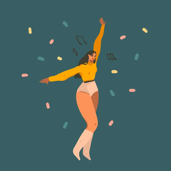 Handgetekende vector abstracte voorraad grafische illustratie met jonge glimlachende vrolijke vrouwelijke dansen thuis met confetti geïsoleerd op kleur achtergrond — Stockvector