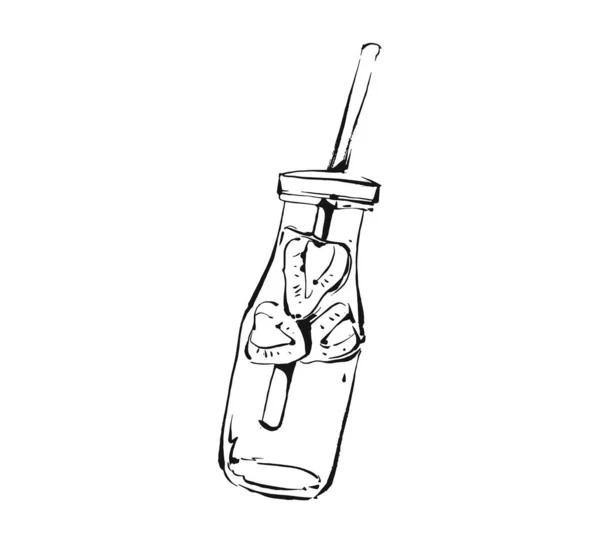 Ручний малюнок Векторний абстрактний художній кулінарний чорнило ескіз ілюстрація малюнка тропічної полуниці фруктовий напій у скляній пляшці, ізольованій на білому тлі. — стоковий вектор