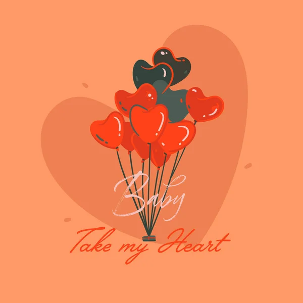 Dibujado a mano vector caricatura abstracta gráfica moderna Feliz día de San Valentín concepto ilustraciones tarjeta de arte con corazones globos de aire caliente y bebé tomar mi corazón texto aislado sobre fondo naranja — Archivo Imágenes Vectoriales