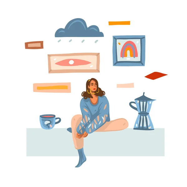 Handgetekende vector abstracte voorraad grafische illustratie met jonge melancholie vrouwelijke maken en drinken koffie thuis geïsoleerd op witte achtergrond — Stockvector