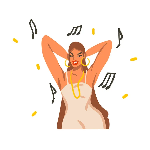 Handgetekende vector abstracte voorraad grafische illustratie met jonge vrolijke vrouwelijke zingen liederen en dans thuis in mooie jurk geïsoleerd op witte achtergrond — Stockvector