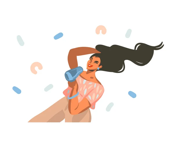 Ręcznie rysowane wektor abstrakcyjny czas grafika ilustracja z młodą szczęśliwą kobietą suszy włosy, z suszarką do włosów i tańczy w domu i abstrakcyjne confetti izolowane na białym tle. — Wektor stockowy