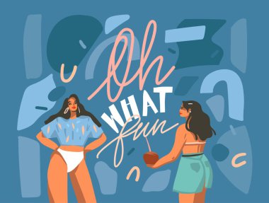 Elle çizilmiş vektör soyut stok grafik çizimi evde eğlenen genç kadınlar ve mavi arka planda izole edilmiş ne eğlenceli el yazısı alıntıları