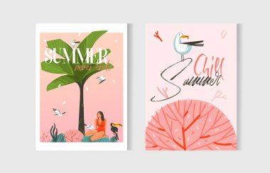 El çizimi vektör soyut grafik karikatür yaz zamanı düz çizimler plaj insanları, palmiye ağacı, gün batımı ve beyaz arka planda izole deniz mercan resifleri ile şablon koleksiyonu