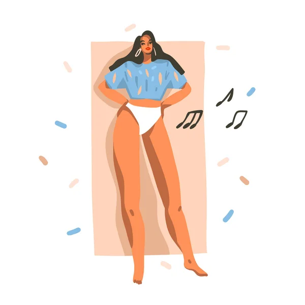 Handgezeichnete Vektor abstrakt Stock grafische Illustration mit jungen lächelnden glücklich tanzenden Frauen zu Hause mit Konfetti isoliert auf weißem Hintergrund — Stockvektor