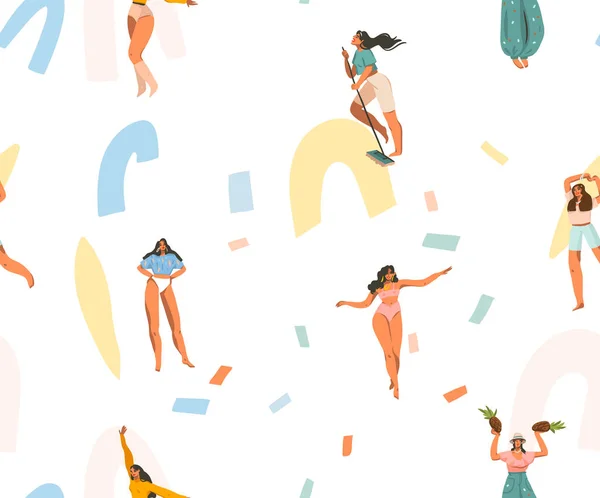 Handgetekende vector abstracte voorraad grafische illustraties naadloos patroon met jonge lachende vrouwen hebben plezier en collage textuur geïsoleerd op witte achtergrond — Stockvector