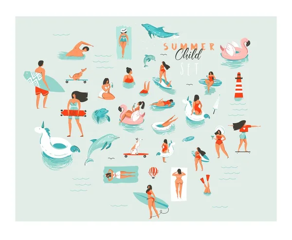 Dessin à la main vecteur abstrait bande dessinée heure d'été fun grandes natation gens groupe collection illustrations mis isolé sur bleu océan vagues . — Image vectorielle