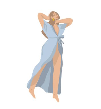 Beyaz arka planda izole edilmiş bornozlu genç kadın karakterli el çizimi vektör stoku çizimi çizimi.