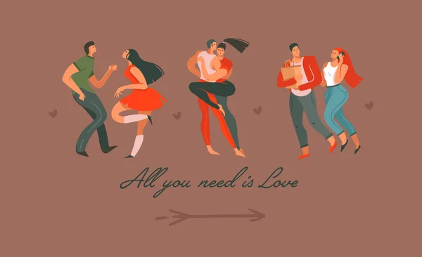 Mão desenhado vetor abstrato cartoon gráfico moderno Feliz Dia dos Namorados conceito ilustrações cartão de arte com casais dançantes pessoas juntas isoladas em fundo colorido —  Vetores de Stock