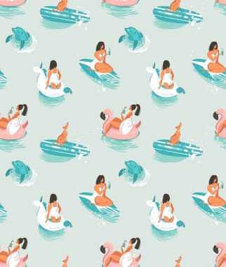 El çizimi vektör karikatürü. Kızlarla, havuz kenarlarıyla, köpeklerle, yunuslarla dolu. Mavi dalgalarda izole edilmiş bir sörf tahtası.