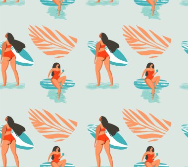 El çizimi vektör soyut yaz zamanı kusursuz desen plajda bikinili sörfçü kız ve mavi arka planda izole tropikal palmiye yaprakları.