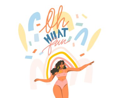 El çizimi vektör soyut stok grafik çizimi mutlu kadın ve el yazısı pozitiftir Oh beyaz arka planda hangi eğlenceli metin ve kolaj şekilleri izole