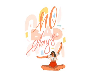 Mutlu kadın ve el yazısı pozitifli el çizimi vektör çizimi çizimi. Beyaz arka planda izole edilmiş metin ve kolaj şekillerinden alıntı yok.