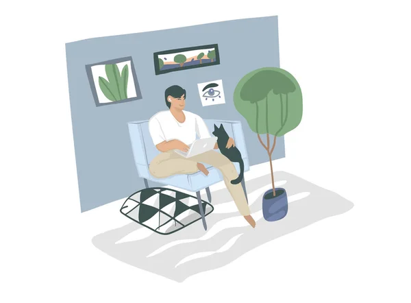 Рука намальована векторна стопка абстрактна графічна мультиплікаційна ілюстрація з персонажем чорношкірого чоловіка, фрілансер працює вдома з ноутбуком і сидить у кріслі з кішкою ізольовано на білому тлі — стоковий вектор