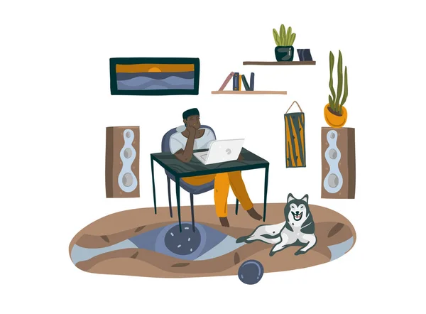 Рука намальована векторна стопка абстрактна графічна мультиплікаційна ілюстрація з персонажем чорношкірого чоловіка, фрілансер працює вдома з ноутбуком і сидить за столом ізольовано на білому тлі — стоковий вектор