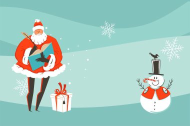 El çizimi vektör soyut eğlence Mutlu Noeller ve Mutlu Yeni Yıl çizgi film resimli tebrik kartı Noel Baba el sanatları arka planında izole edilmiş.