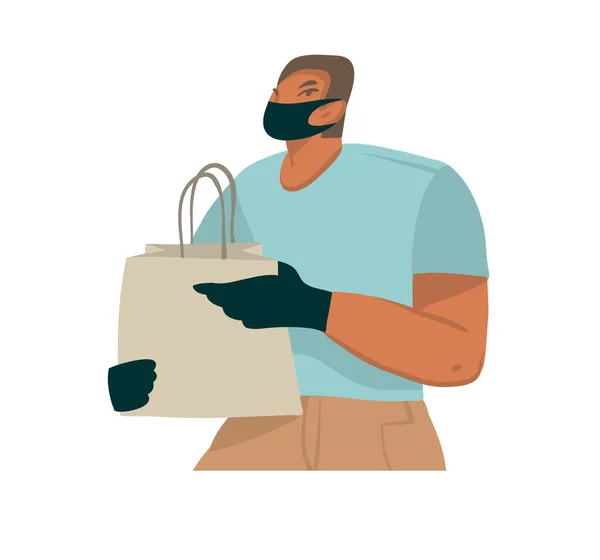 Kézzel rajzolt vektor állomány elvont grafikai illusztrációk egy ember egy ökocsomaggal dolgozik az interneten szállítás, jól védett arc maszk és kesztyű elszigetelt fehér alapon — Stock Vector