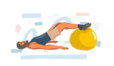 El çizimi vektör soyut stok grafik çizimi evde genç mutlu erkek eğitimi beyaz arka planda izole fitness topu ile