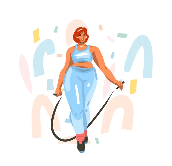Рука намальована Векторні абстрактні стокові графічні ілюстрації з молодою щасливою жіночою підготовкою вдома, хоче схуднути і стрибати на пропускаючій мотузці в спортивному одязі ізольовані на білому тлі — стоковий вектор