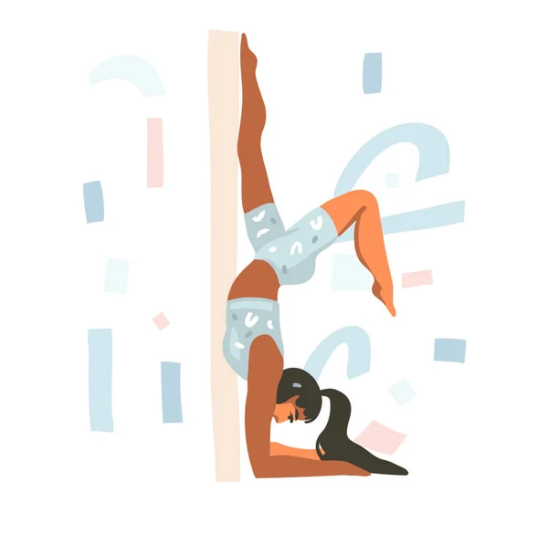 Handgetekende vector abstracte voorraad grafische illustratie met jong gelukkig vrouwtje doen yoga poses thuis geïsoleerd op witte achtergrond — Stockvector