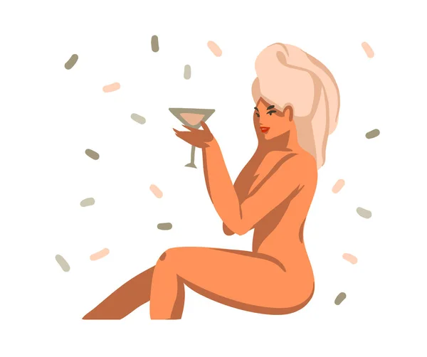 Ručně kreslený vektor abstraktní stock ilustrace s mladou šťastnou samicí se koupe s ručníkem na hlavě a pije koktejl doma izolované na bílém pozadí — Stockový vektor
