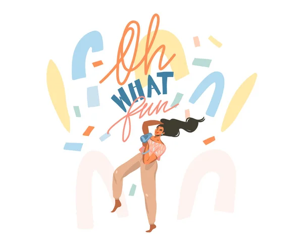 Hand drawn vector abstract stock graphic illustration with young happy female dries hair ,with a hairdryer and dances at home and abstract confetti,Oh what fun lettering isolated on white background — Stock Vector