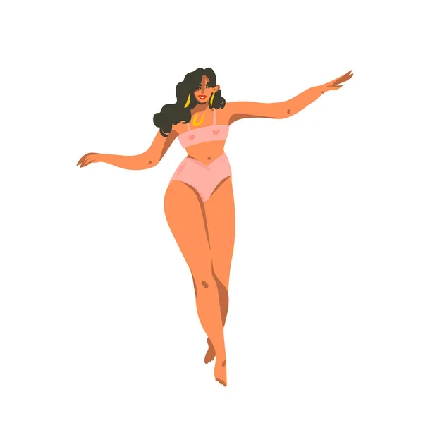 Χειροποίητη διανυσματική αφηρημένη εικονογράφηση αρχείου με νεαρή χαμογελαστή γυναίκα να χορεύει στο σπίτι απομονωμένη σε λευκό φόντο — Διανυσματικό Αρχείο