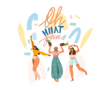 El çizimi vektör soyut stok grafik çizimi mutlu kadınlar ve el yazısı pozitiftir Oh beyaz arka planda hangi eğlenceli metin ve kolaj şekilleri izole