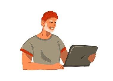 Elle çizilmiş vektör soyut stok grafik çizimi genç gülümseyen moda kıyafet sakallı erkek dizüstü bilgisayarda çalışıyor ve beyaz arka planda izole bir şekilde sohbet ediyor.