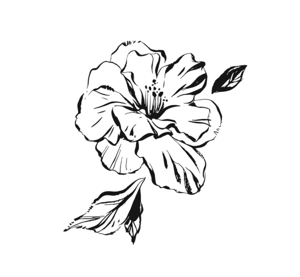 Χειροποίητο διάνυσμα αφηρημένο καλλιτεχνικό μελάνι υφή σκίτσο εικονογράφηση του φυτού ιβίσκου λουλούδι με φύλλα που απομονώνονται σε λευκό φόντο — Διανυσματικό Αρχείο