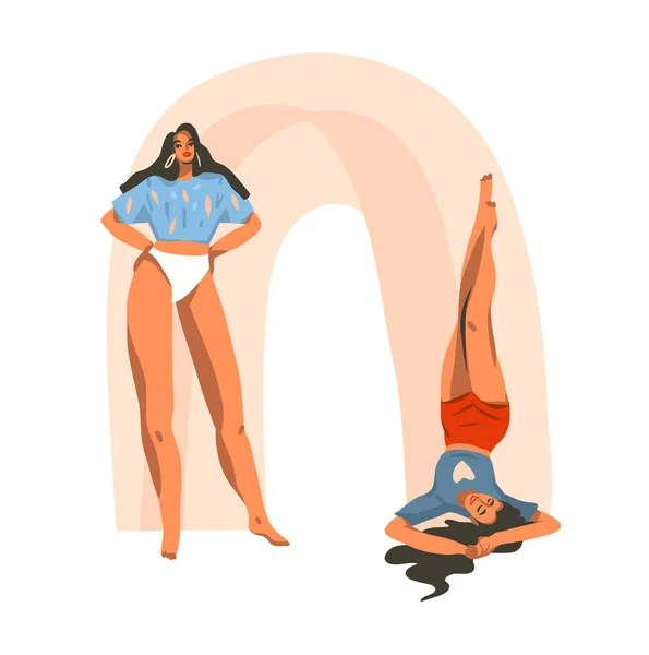 Handgezeichnete Vektor abstrakte Stock grafische Illustration mit jungen lächelnden glücklichen Frauen tanzen zu Hause mit abstrakten Collage Form isoliert auf weißem Hintergrund — Stockvektor