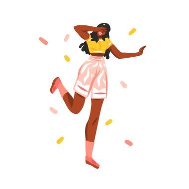 El çizimi vektör soyut stok grafik illüstrasyon genç mutlu siyah afro-amerikan, güzel kadın wtite konfeti şekilli arka plan izole