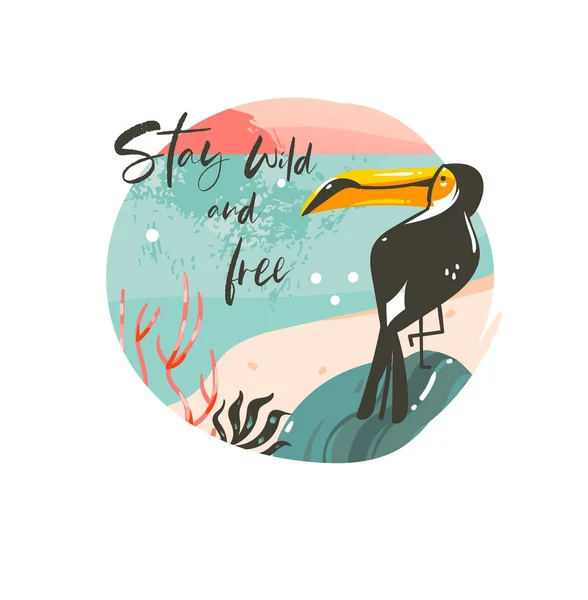 Dessin à la main vectoriel abstrait dessin animé été illustration graphique modèle fond badge design avec océan plage paysage, coucher de soleil et beauté toucan oiseau avec séjour sauvage et gratuit typographie texte — Image vectorielle