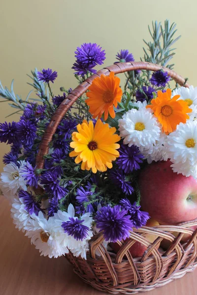 Basket Autumn Flowers Apples Wooden Table — Stock Photo, Image