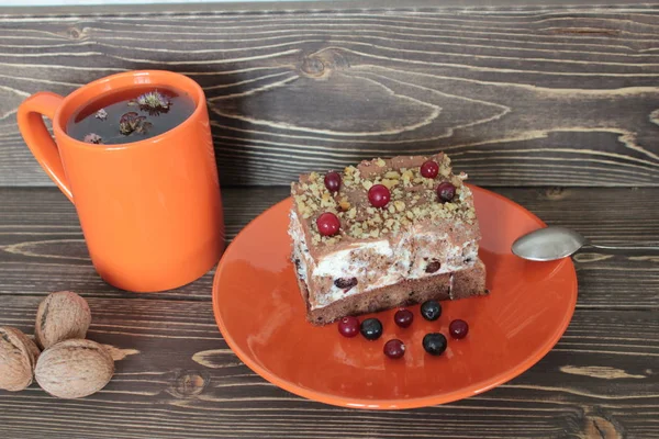 Walnut Cake Berries Saucer Mug Green Tea — Stock Photo, Image