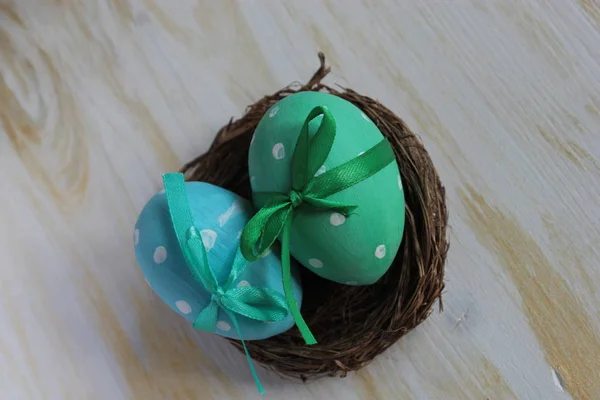 Blue Green Easter Eggs Ribbons Lying Nest — Stock Photo, Image