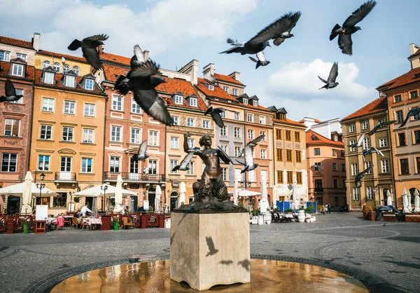 Aves de palomas vuelan por la Plaza del Mercado Stare Miasto con Sirena Estatua de Sirena en Varsovia, Polonia . — Foto de Stock