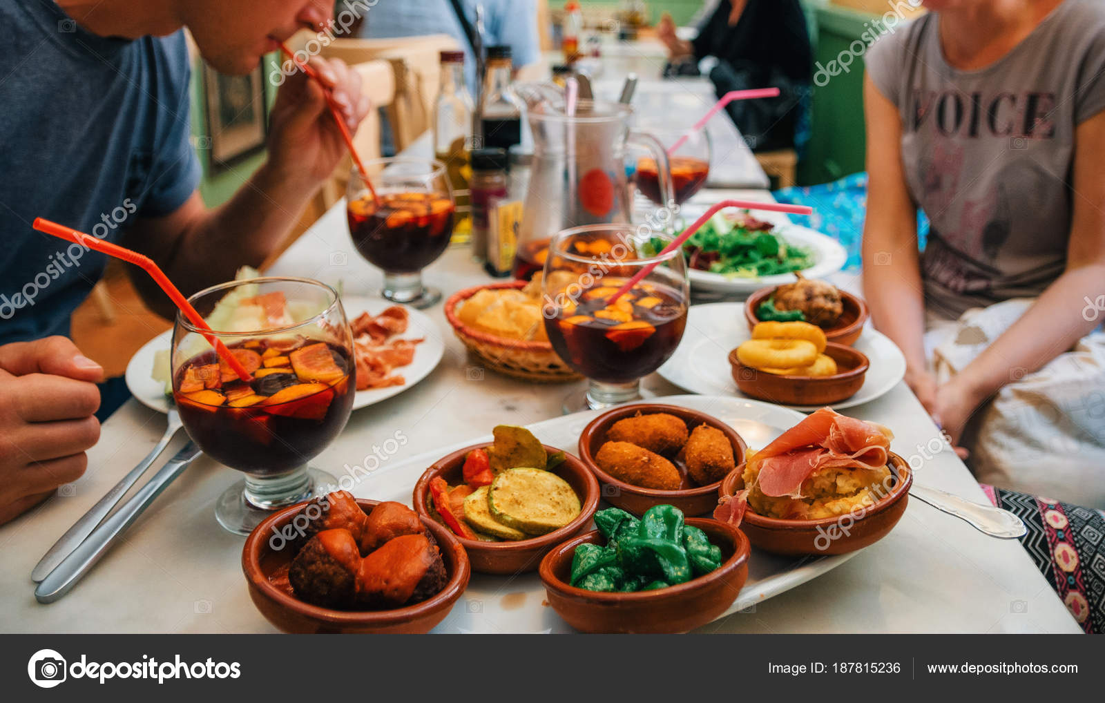 Tapas and sangria in spanish cafe in Mallorca Stock Editorial Photo