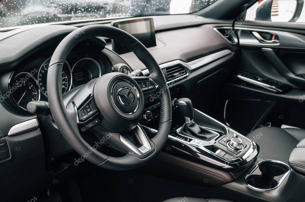 Minsk, Belarus - March 30, 2018: Luxury black interior of Mazda CX-9