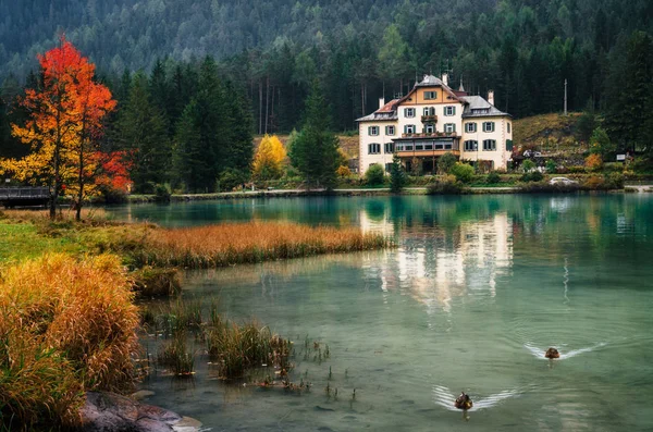 Dolomitlerdeki Dobbiaco Gölü, Güzel Doğa İtalya Doğal Alpler. — Stok fotoğraf