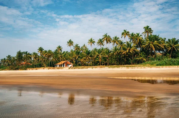 Bungalow sulla spiaggia tra le palme nella calda Goa tropicale — Foto Stock