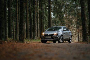 Lada Vesta Sonbahar Ormanı 'ndaki kır yolunda bir robot.