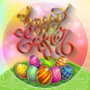 Paskalya yumurtaları bir kırmızı kurdele ile kahverengi bir arka plan üzerinde renkli Multi